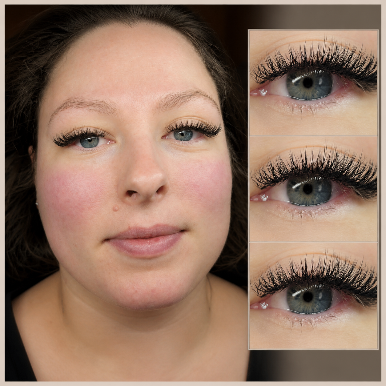 Before and after hybrid lash extensions showing full face and three close-up eye detail shots at Ash's Lashes and Esthetics