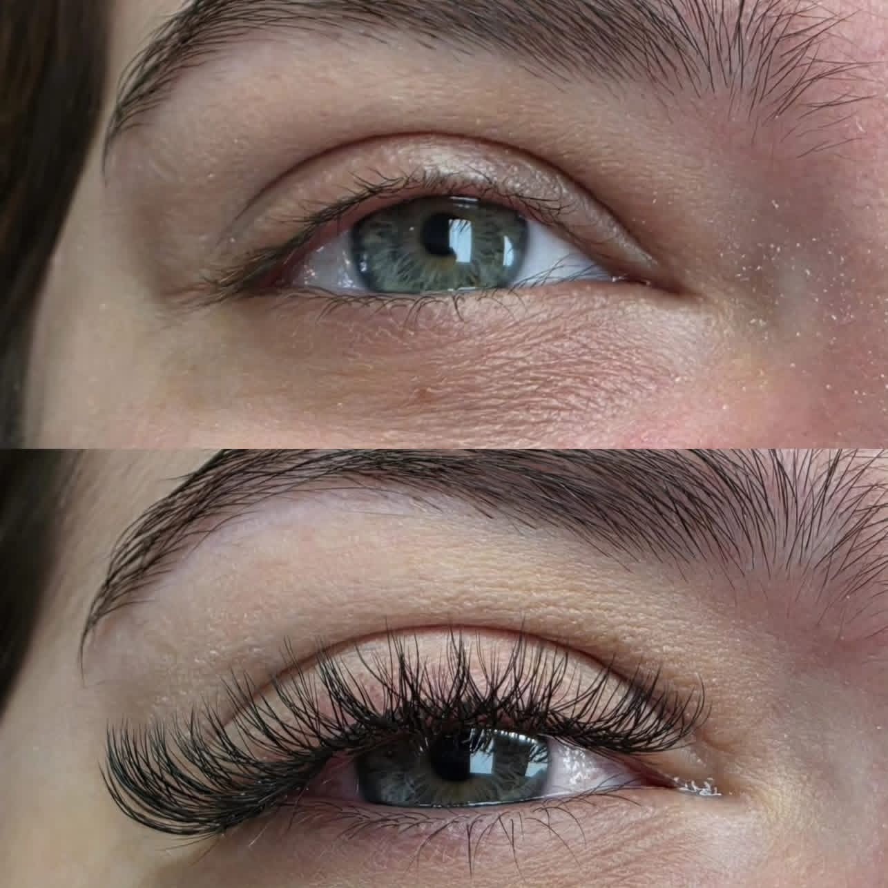 Before and after hybrid lash extensions showing natural lashes transformed into full wispy volume at Ash's Lashes and Esthetics