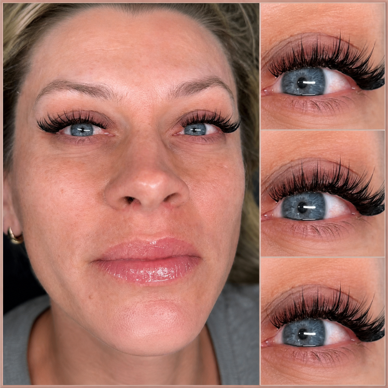 Hybrid lash extensions result showing full face and three close-up eye detail shots at Ash's Lashes and Esthetics