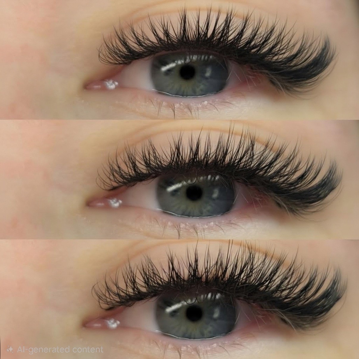 Triple close-up comparison of hybrid lash extensions on blue-grey eyes at Ash's Lashes and Esthetics