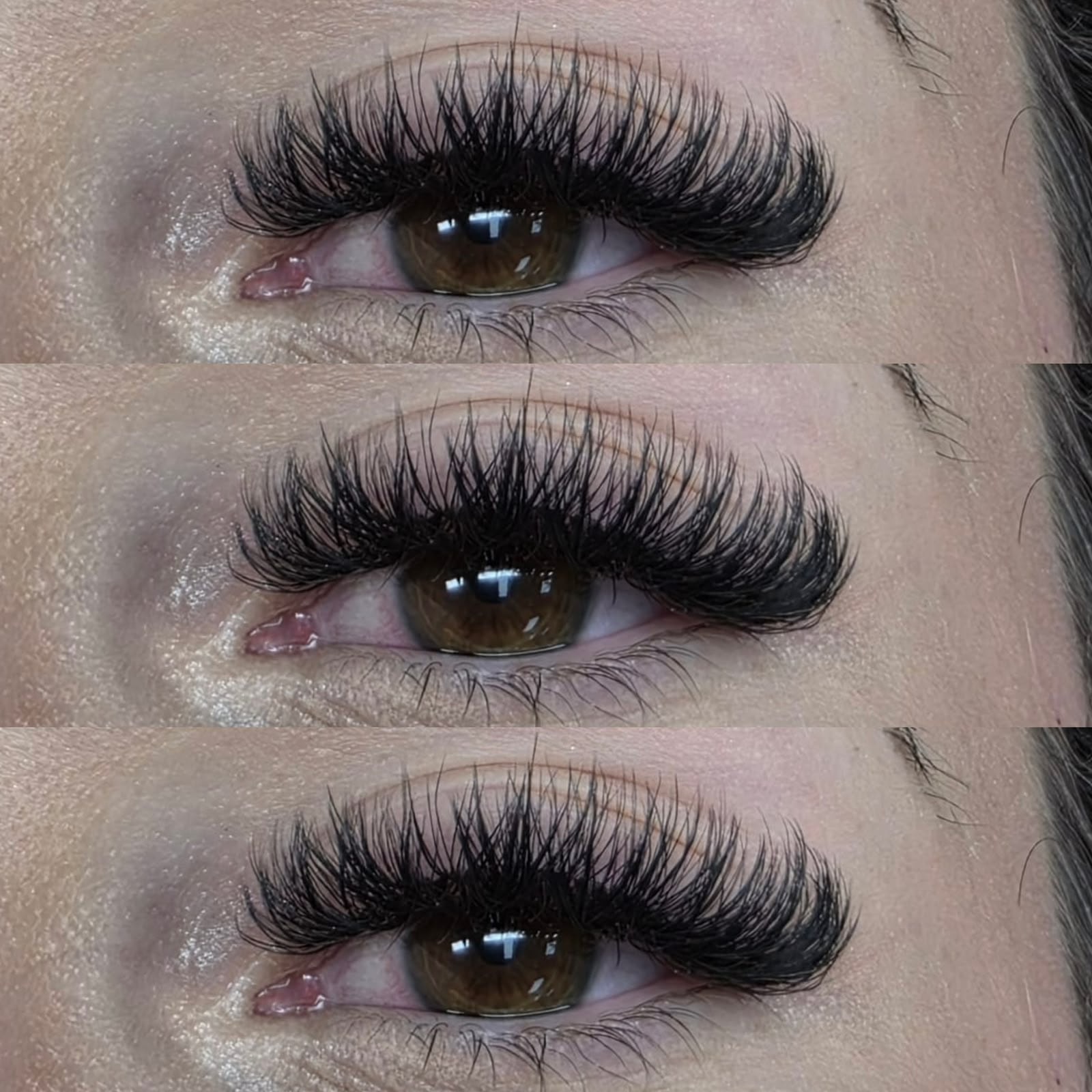 Triple close-up comparison of hybrid lash extensions on brown eyes at Ash's Lashes and Esthetics