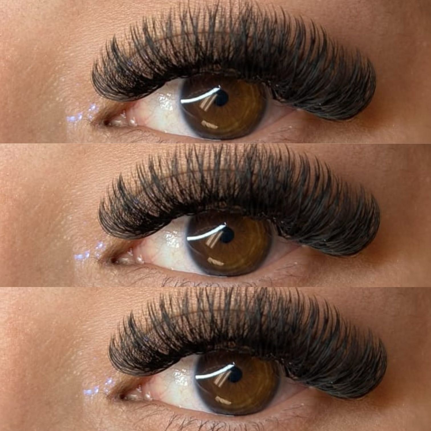 Triple close-up comparison of mega volume lash extensions on brown eyes at Ash's Lashes and Esthetics
