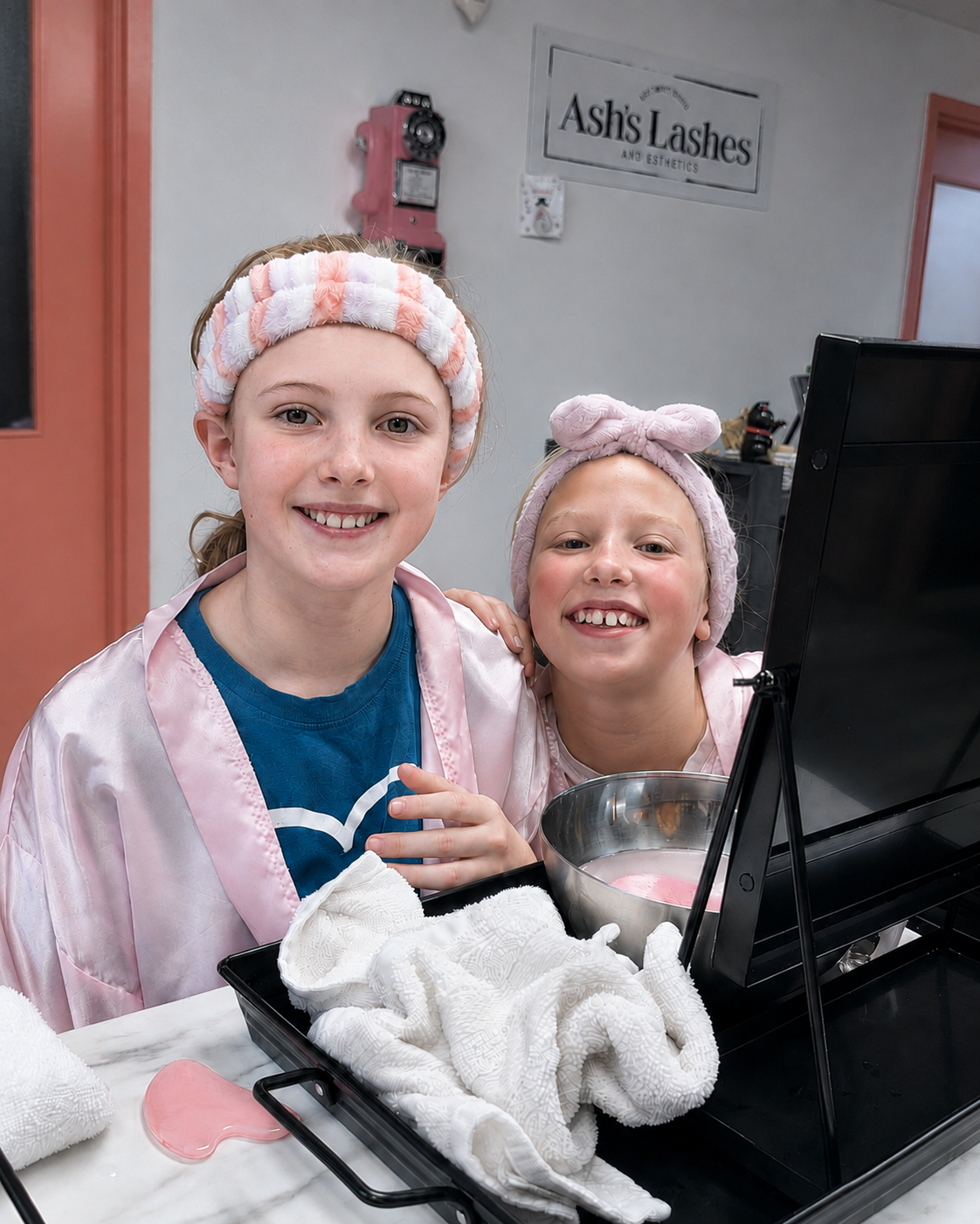 Two girls in pink spa robes and headbands smiling at Ash's Lashes birthday party