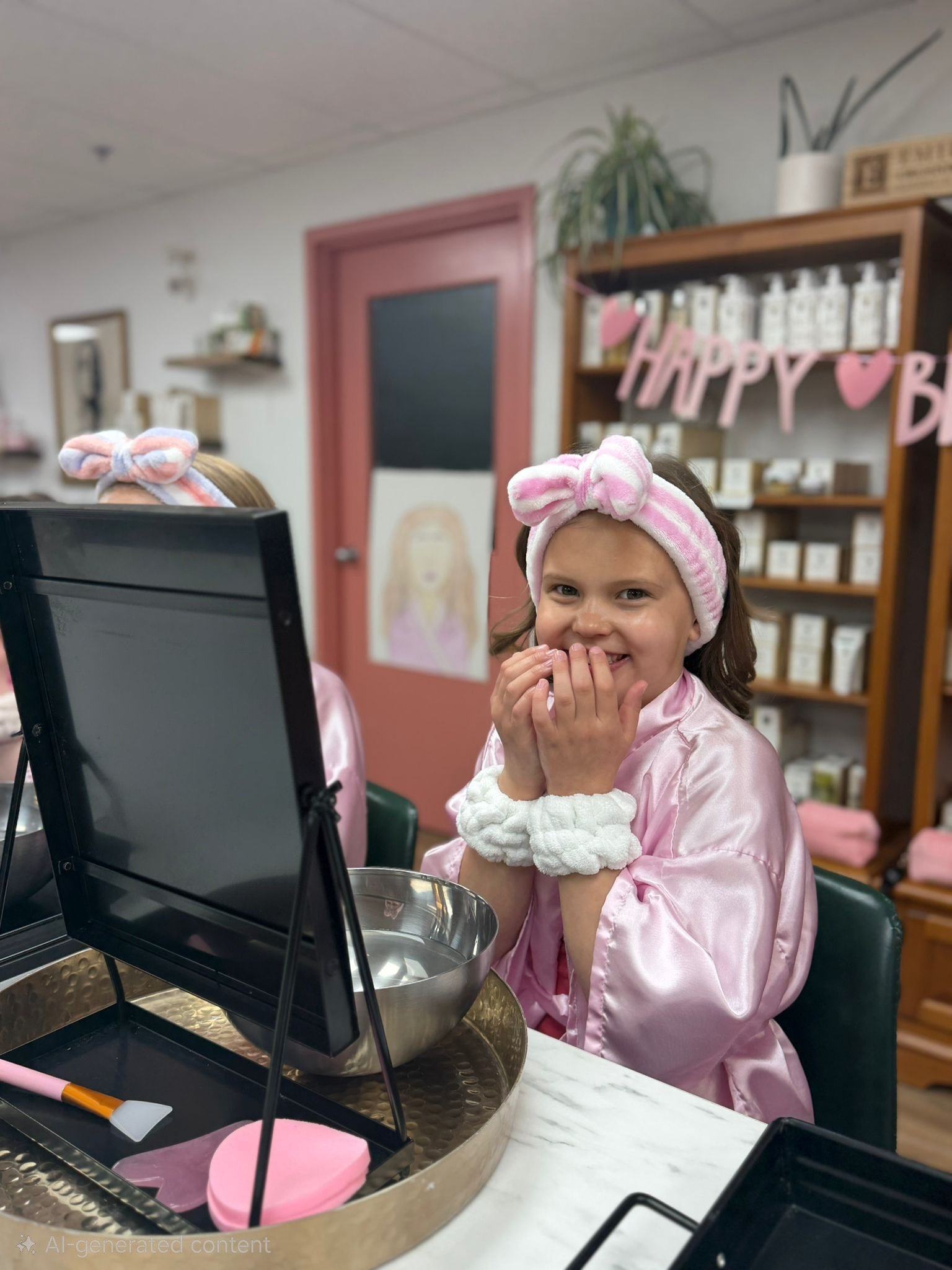 Young girl in a pink satin robe and bow headband giggling at her reflection during a birthday party at Ash's Lashes