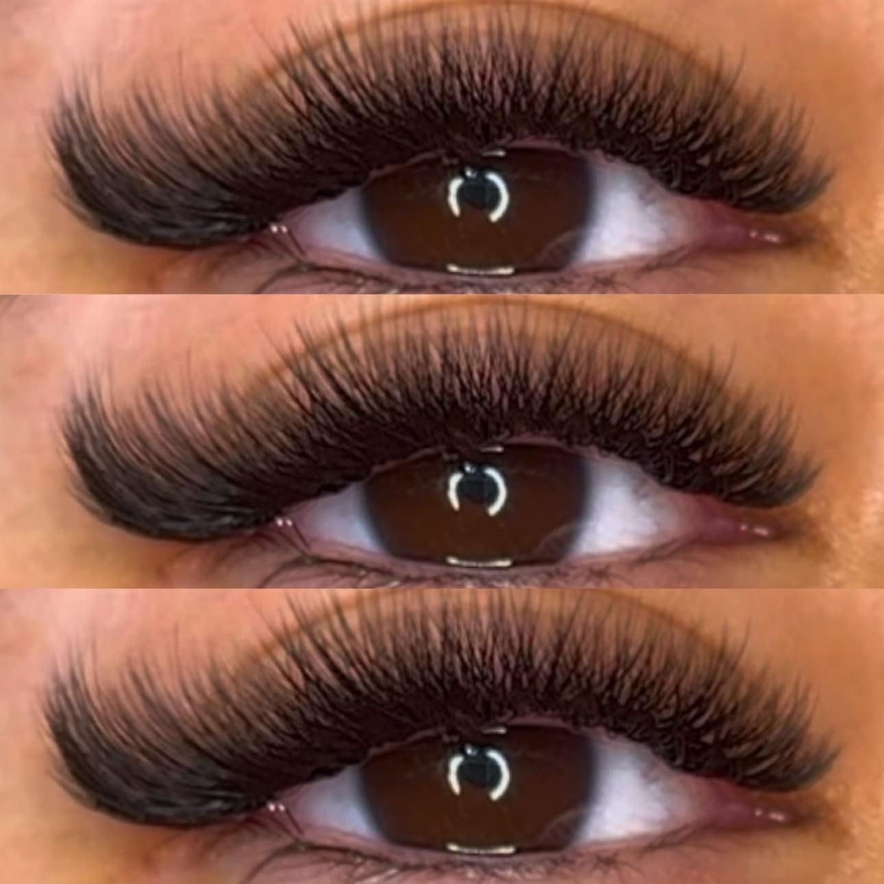 Triple close-up comparison of volume lash extensions showing progression at Ash's Lashes and Esthetics