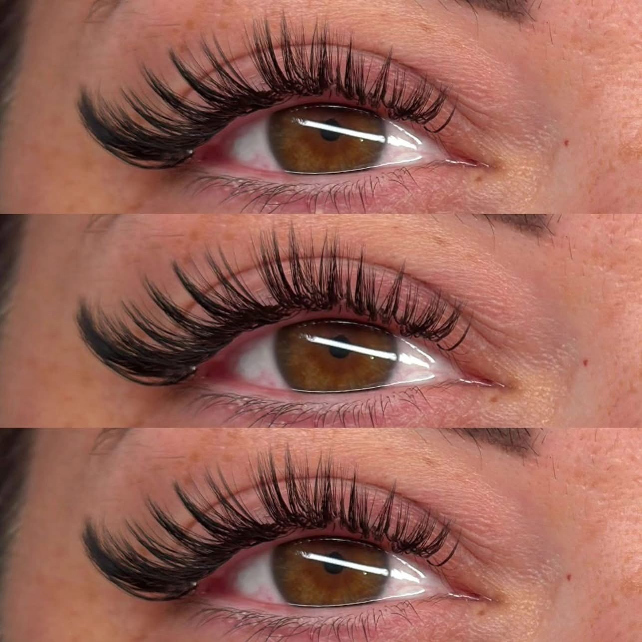 Three close-up shots of wet set lash extensions showing dramatic curl and separation at Ash's Lashes and Esthetics