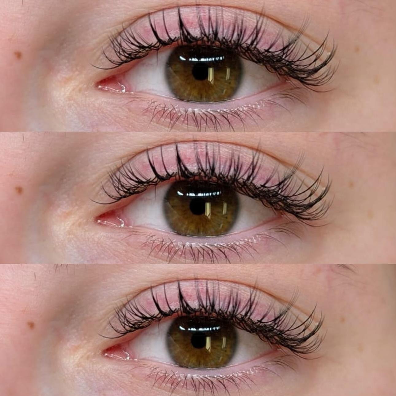 Triple close-up of half set wet look lash extensions on green eyes at Ash's Lashes and Esthetics