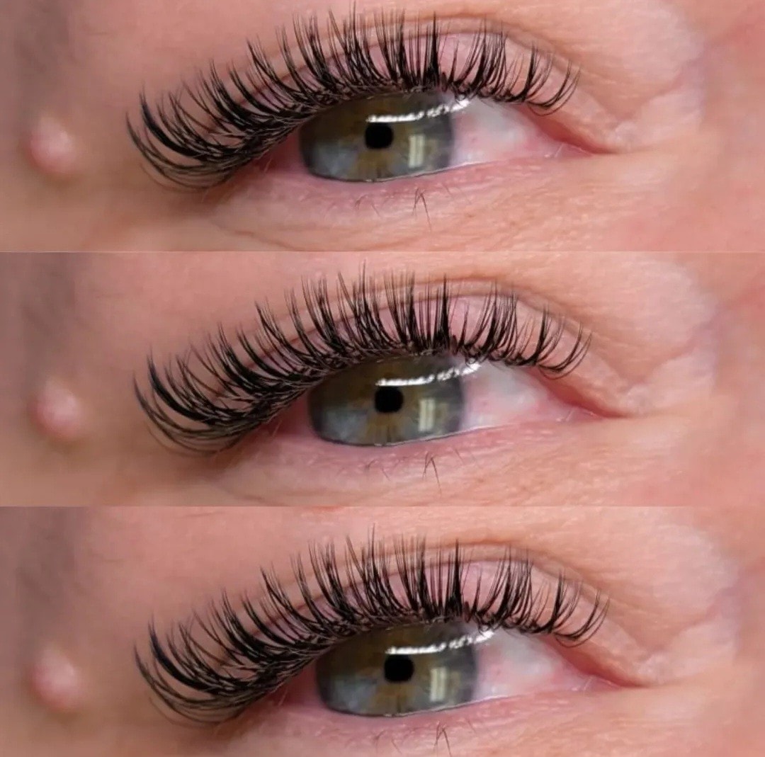 Triple close-up comparison of wet set lash extensions on grey-green eyes at Ash's Lashes and Esthetics