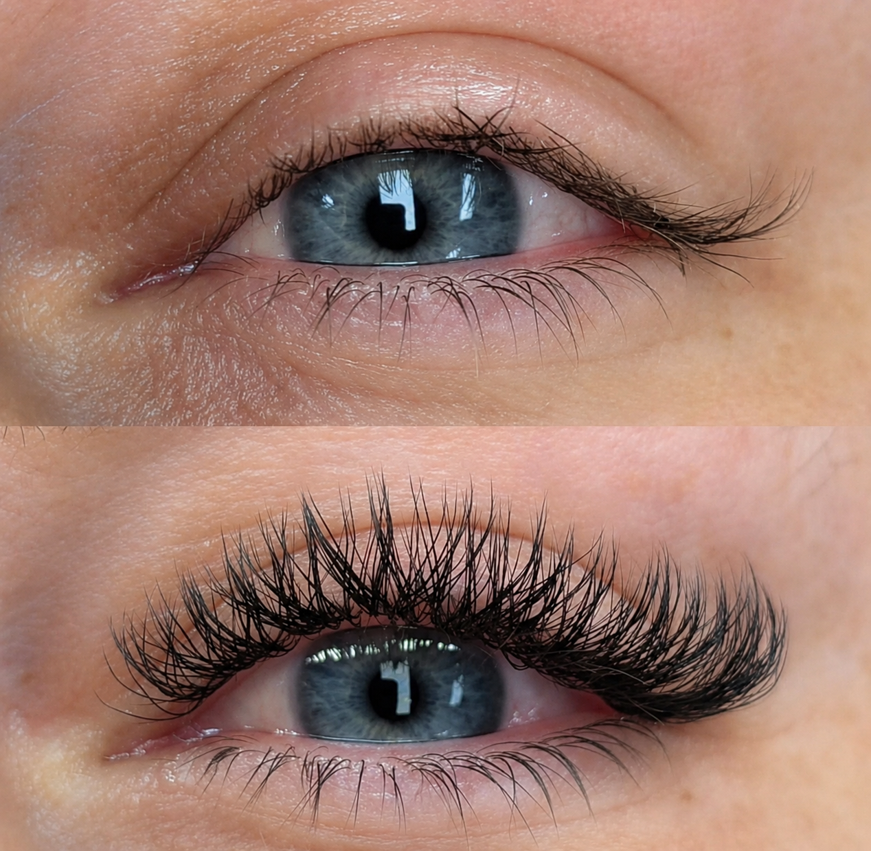 Before and after YY lash extensions showing dramatic volume and length transformation at Ash's Lashes