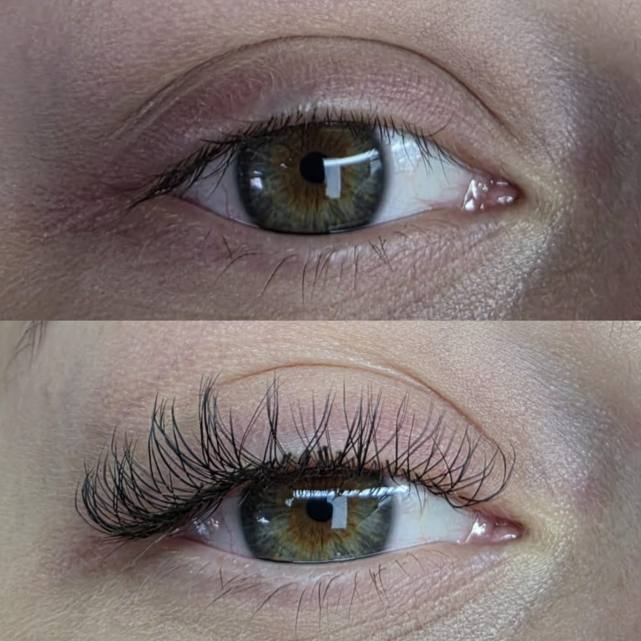 Before and after YY lash extensions close-up showing natural eye transformed with dramatic wispy lashes at Ash's Lashes