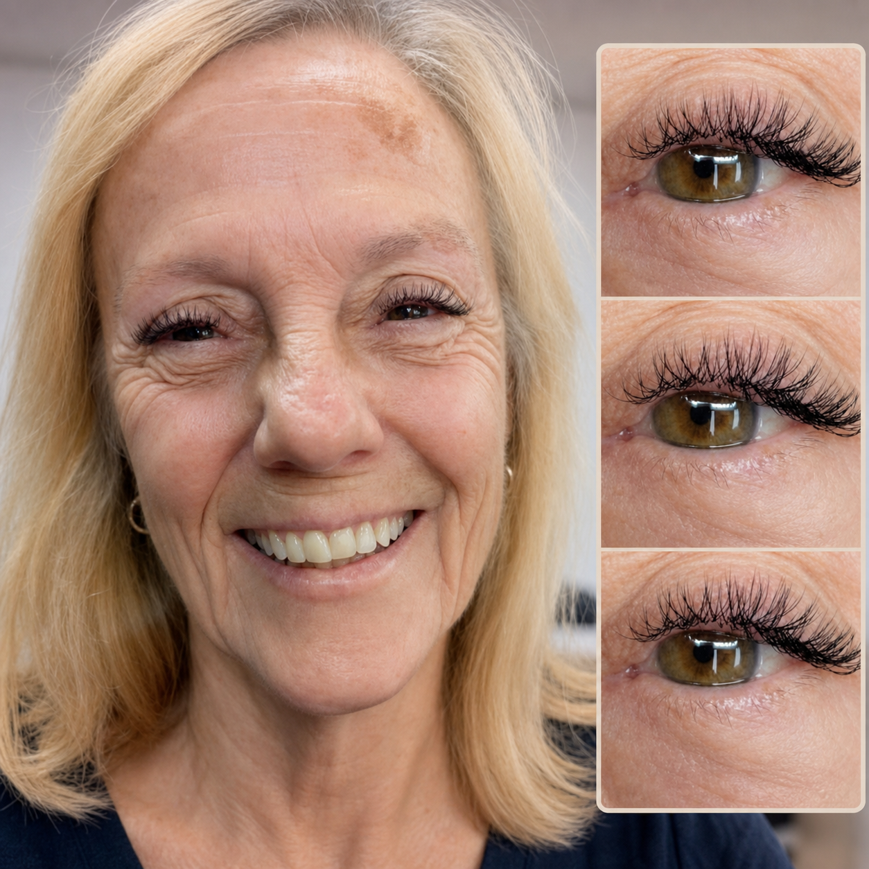 YY lash extensions full face and three close-up eye detail shots showing dramatic curl and volume at Ash's Lashes and Esthetics