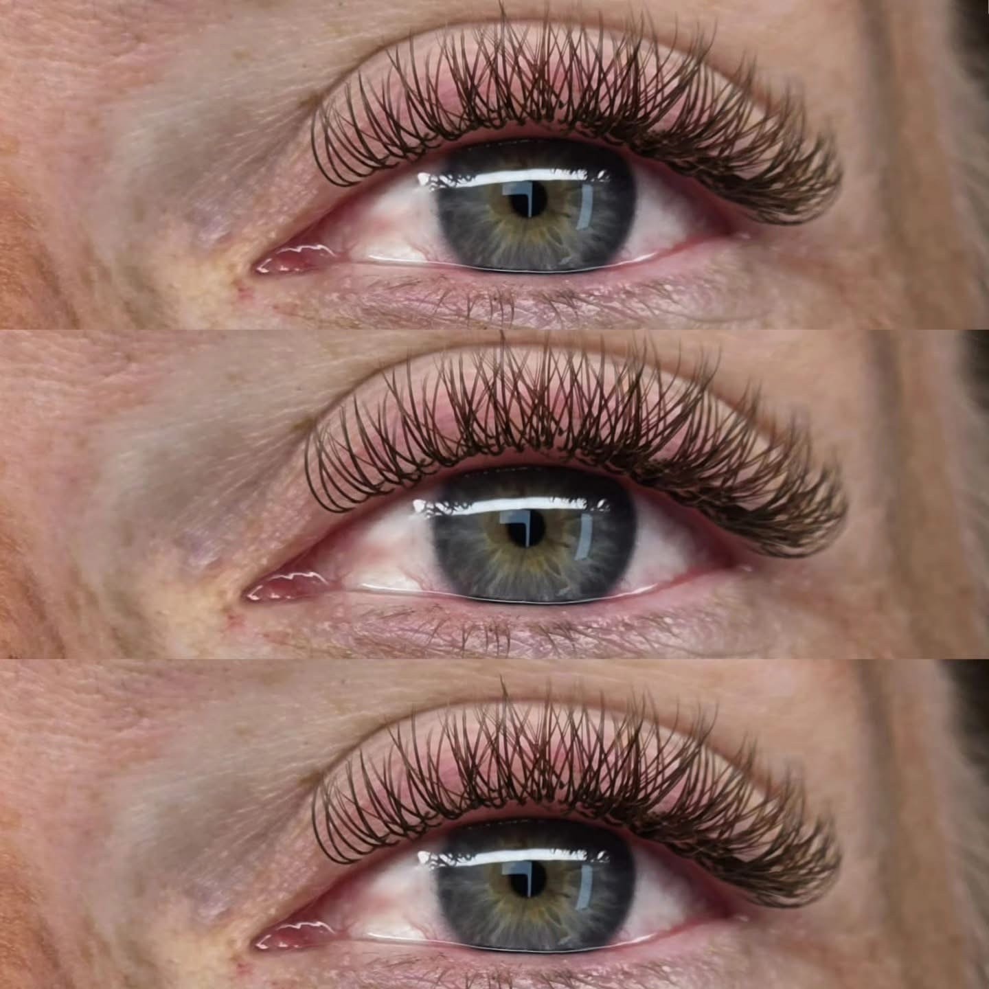 Three close-up shots of YY lash extensions showing wispy volume and curl detail at Ash's Lashes and Esthetics