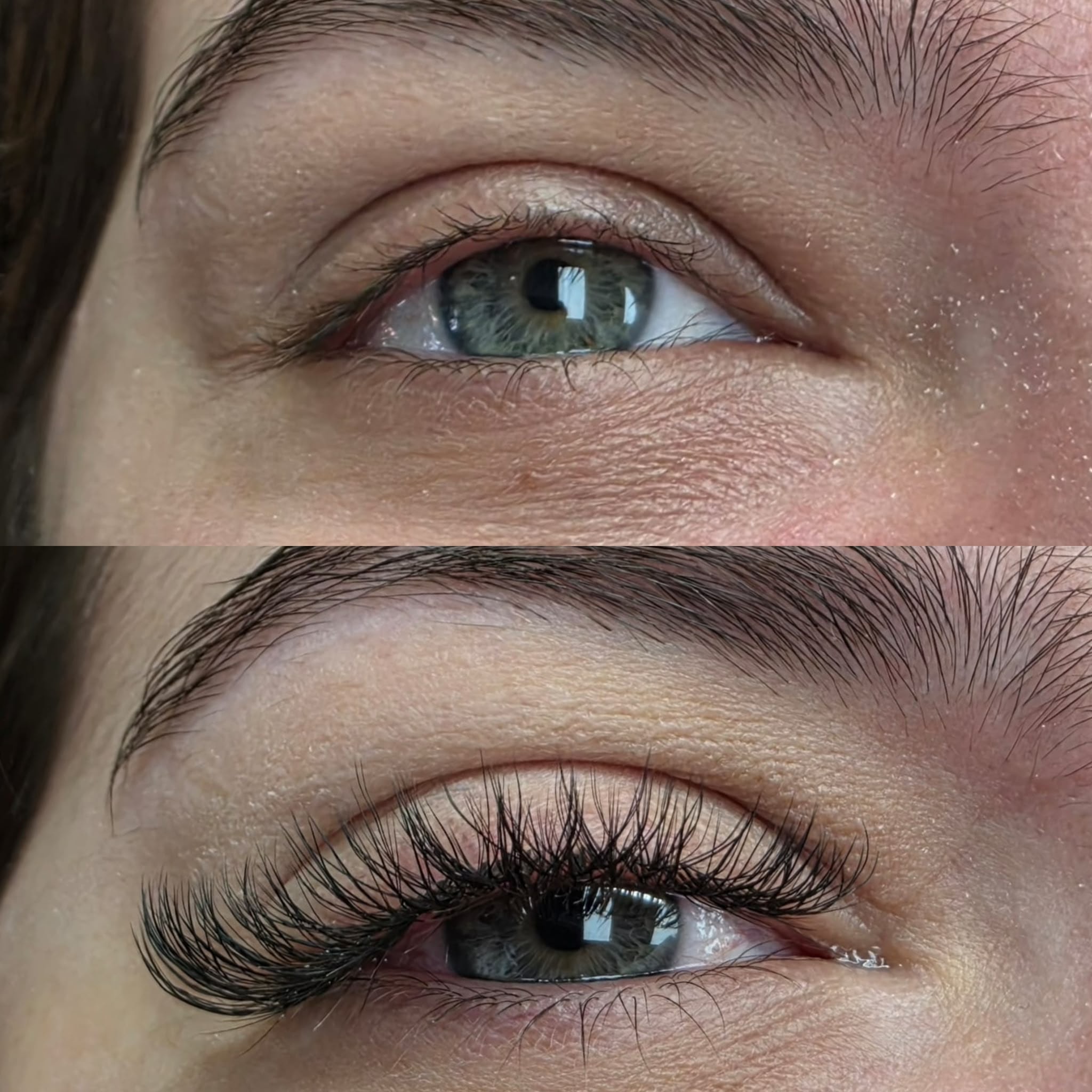 Before and after YY lash extensions showing natural green eyes transformed with wispy dramatic lashes at Ash's Lashes and Esthetics